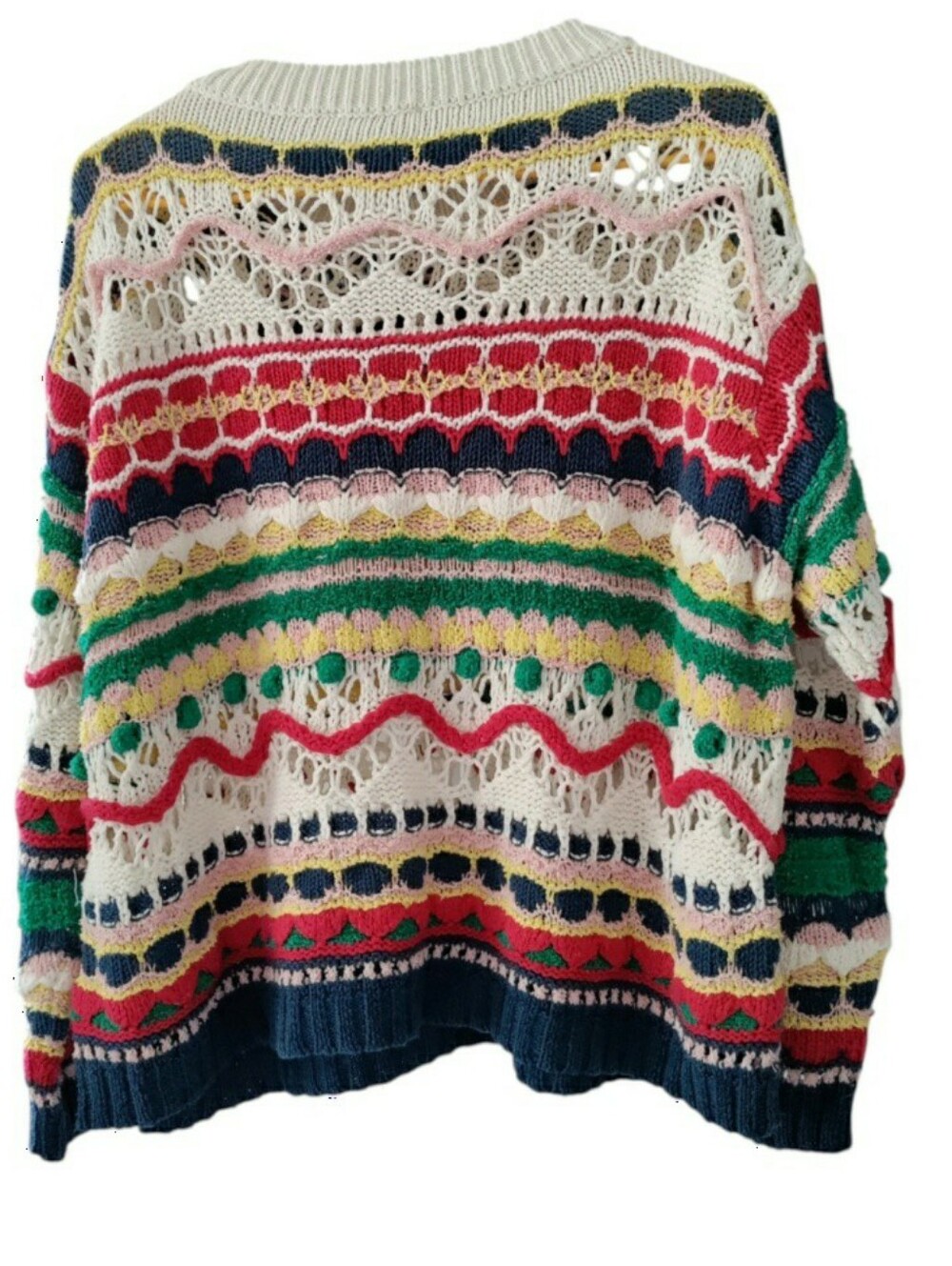 Mango Crochet Stripe Knit Sweater Boho Beachy Coogi Style Cotton - Picture 2 of 5